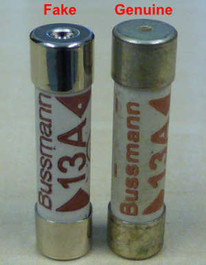 Fake Bussmann fuse compared to genuine fuse