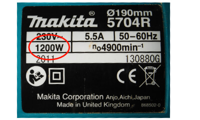 label on appliance showing power rating